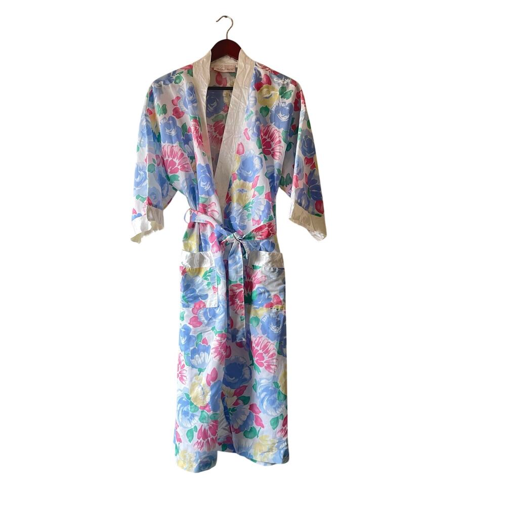 Vintage floral satin trim midi women’s robe size‎ medium
